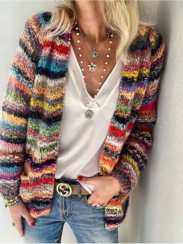 Women's Cardigan Casual Daily Multi Color Round Neck Printing Long Sleeve Knit Daily Spring Fall4