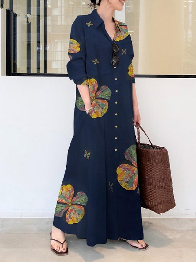 Womens Clothing Womens Dresses | Womens Loose Maxi long Dress Long Sleeve Floral / Botanical Button Spring Summer Vintage Casual