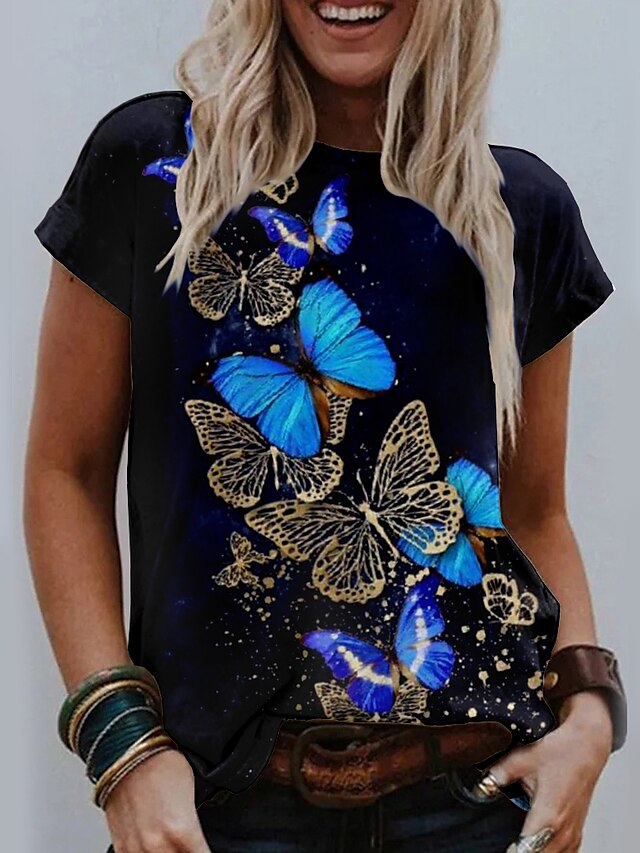 Womens Clothing Womens Tops | Womens Butterfly Painting T shirt Graphic Butterfly Print Round Neck Basic Tops Black / 3D Print -