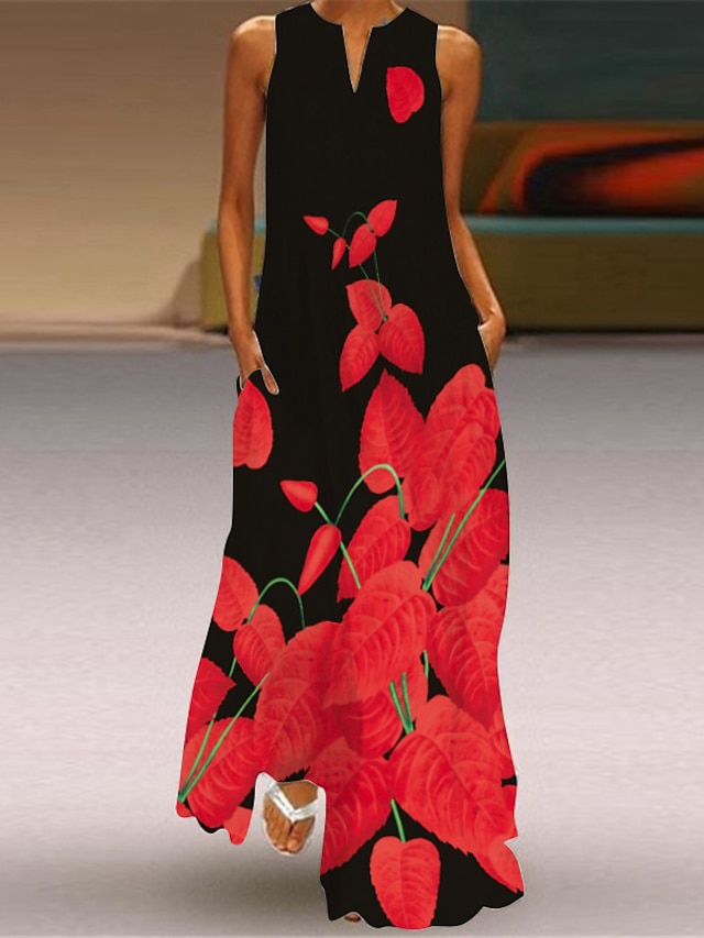  Női Pamut hétköznapi ruha Virágos Nyomtatott V-alakú Maxi hosszú ruha Alkalmi Napi Ujjatlan Nyár Tavasz