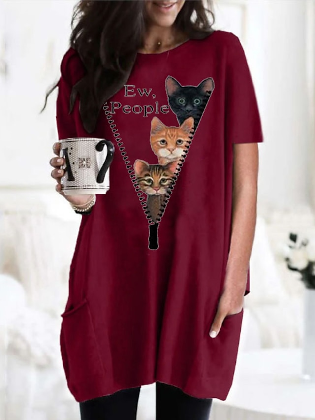 Womens Clothing Womens Tops | Womens Daily T shirt Dress Tunic Cat Graphic 3D Short Sleeve Round Neck Basic Tops Black Gray Wine