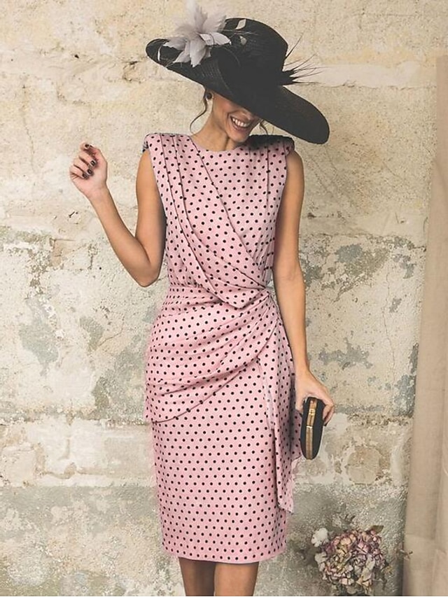 Womens Clothing Womens Dresses | Womens Sheath Dress Knee Length Dress White Pink Red Light Blue Sleeveless Polka Dot Print Ruch