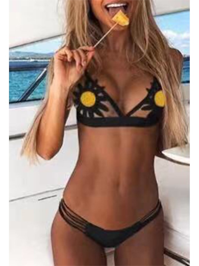 Womens Clothing Womens Swimwear | Womens Swimwear Bikini Normal Swimsuit Slim Solid Colored Yellow+flower Black+flowers White Bl