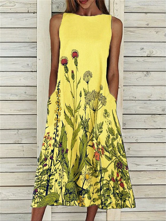 Women's Midi Dress A Line Dress Sleeveless Floral Spring Summer Elegant ...