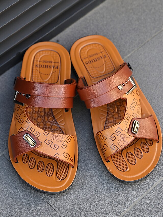  Men's Sandals Slippers Slingback Sandals Casual Beach Daily Walking Shoes PU Breathable Non-slipping Wear Proof Black Brown Summer
