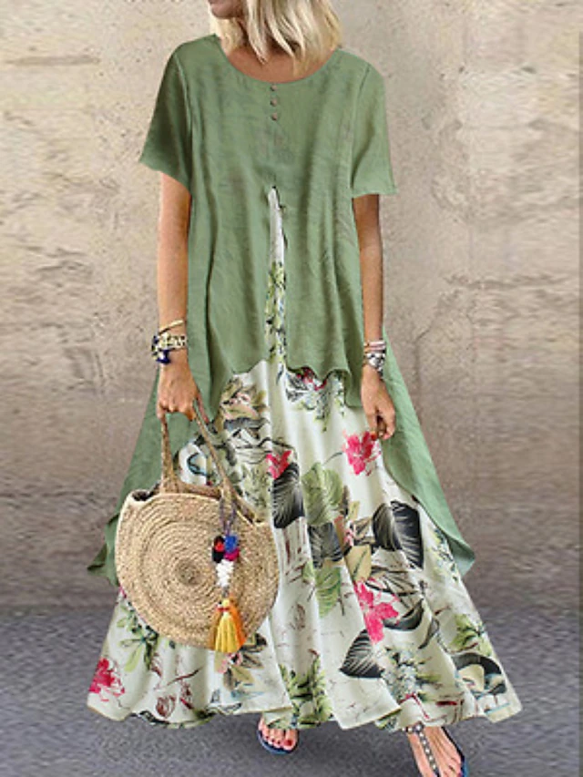 Women's Casual Dress Linen Dress Swing Dress Long Dress Maxi Dress Green Short Sleeve Floral Patchwork Summer Spring Crew Neck Fashion 2023 5XL 10