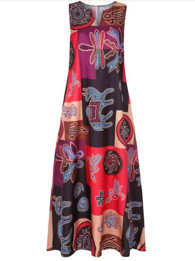 Womens Clothing Plus Size Collection | Womens Sheath Dress Maxi long Dress Orange Red Sleeveless Print Patchwork Print Spring Su