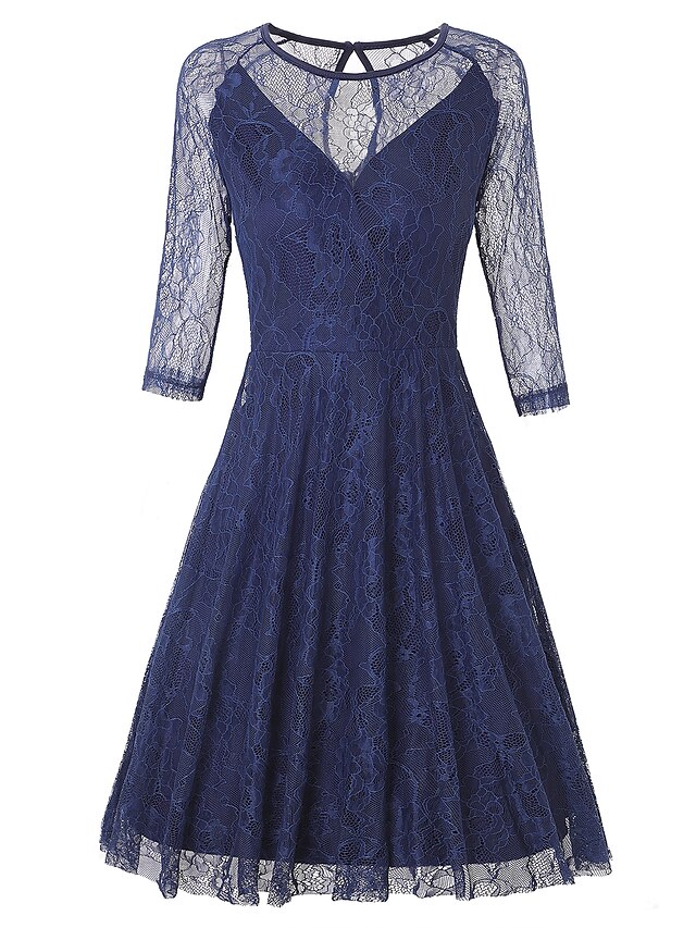  Women's Vintage Sheath Dress Knee Length Dress Dusty Blue White Black 3/4 Length Sleeve Solid Color Lace Spring Summer Round Neck Party 2021 S M L XL XXL