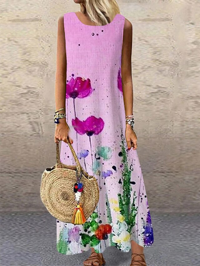 Womens Clothing Womens Dresses | Womens Shift Dress Maxi long Dress Purple Sleeveless Floral Print Print Spring Summer Round Nec