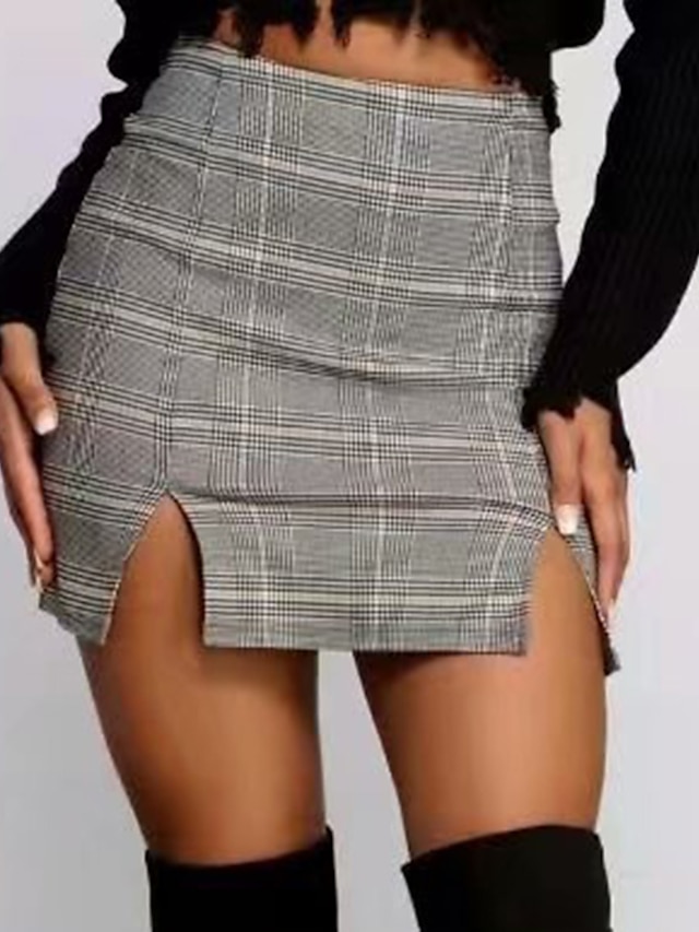  Women's Club Bar Party Sexy Bodycon Skirts Check Split Gray / Slim