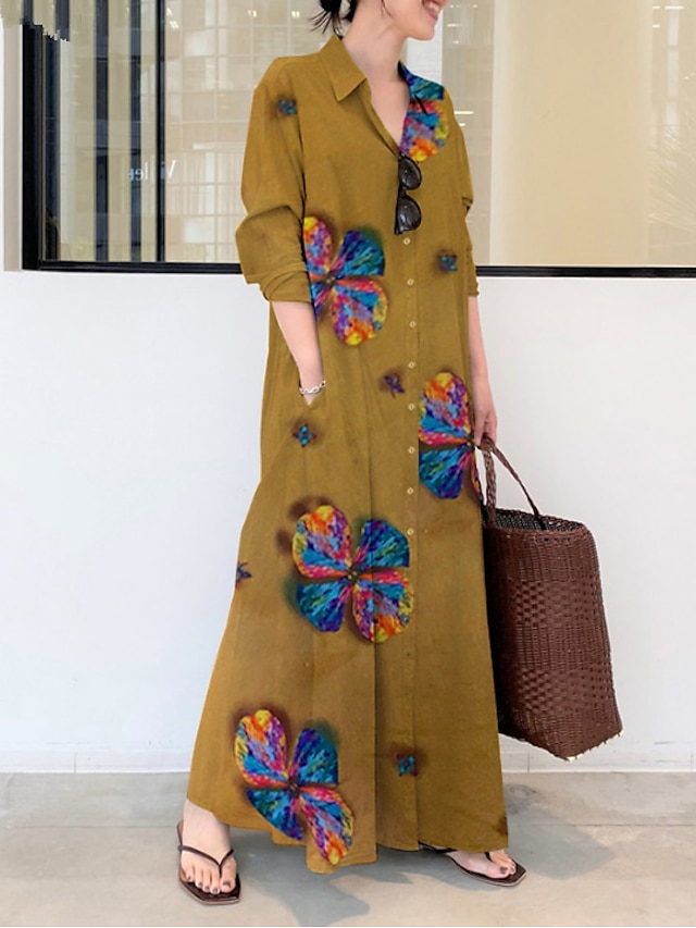 Womens Clothing Womens Dresses | Womens Loose Maxi long Dress Long Sleeve Floral / Botanical Button Spring Summer Vintage Casual