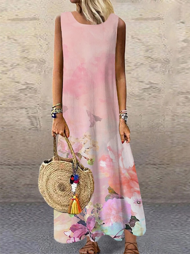  женское платье-трапеция длинное платье макси платье розовое без рукавов с цветочным принтом весна лето круглый вырез s m l xl xxl 3xl