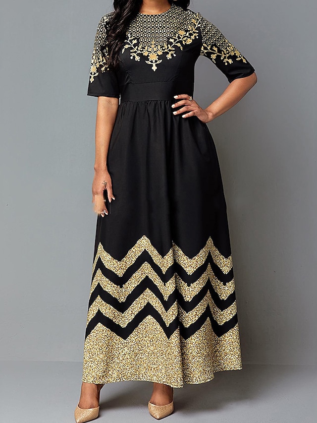 Womens Clothing Womens Dresses | Womens Swing Dress Maxi long Dress Black Half Sleeve Geometric Embroidered Spring Summer Round 