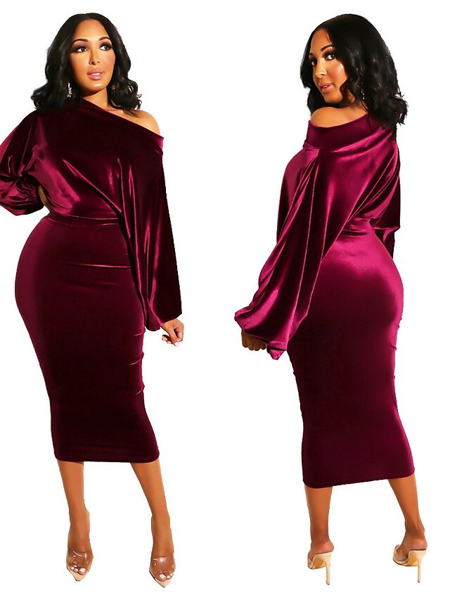 Womens Clothing Womens Dresses | Womens Sheath Dress Midi Dress Wine Red Green Blue Black Purple Long Sleeve Solid Color Ruched 