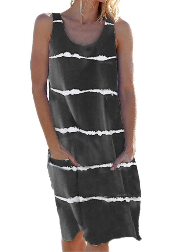 Women's Shift Dress Midi Dress Black White Wine Sleeveless Striped ...