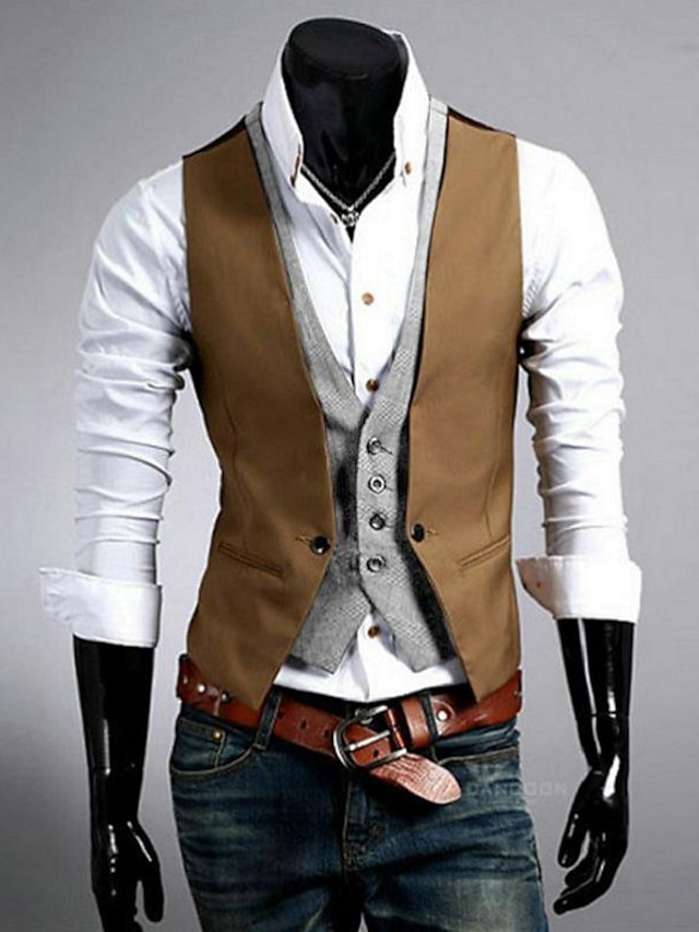  Men's Suit Vest Waistcoat Formal Wedding Work Business 1920s Smart Casual Cotton Polyester Solid Colored Slim Black Brown Vest
