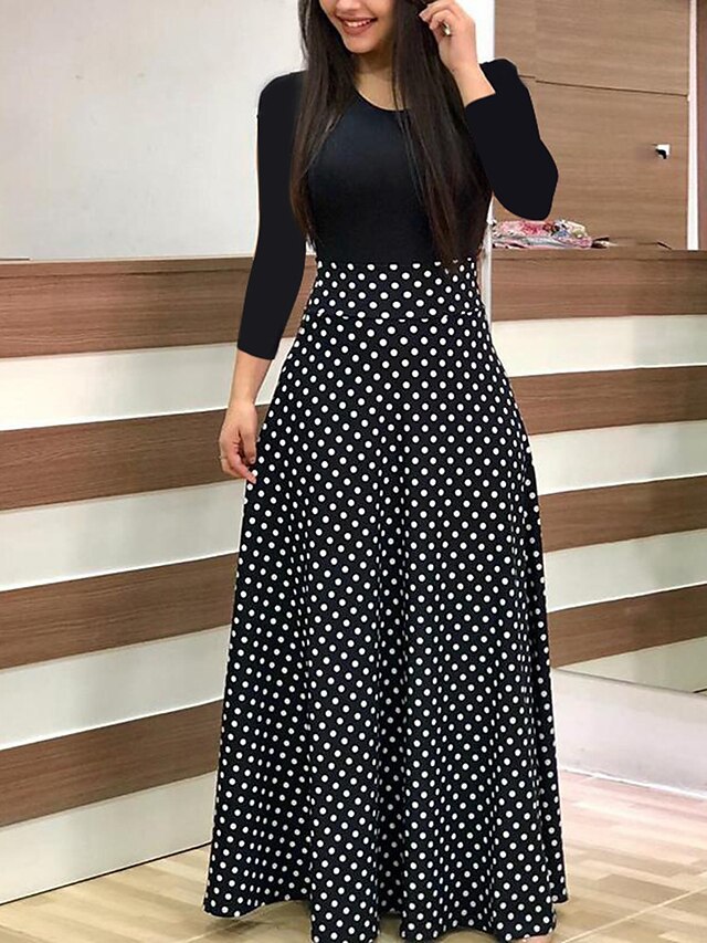 Womens Clothing Womens Dresses | Womens A Line Dress Midi Dress Black And White Color bar Dots Leaf flower Green Pink Red Long S