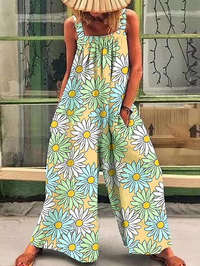 Women's Jumpsuits Casual Summer Print Floral Square Neck Daily Regular ...