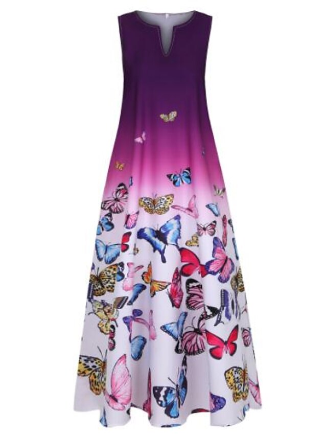  Women's Holiday Dress Blue Purple Sleeveless Color Gradient Print Spring Summer V Neck Hot XL XXL 3XL 4XL 5XL