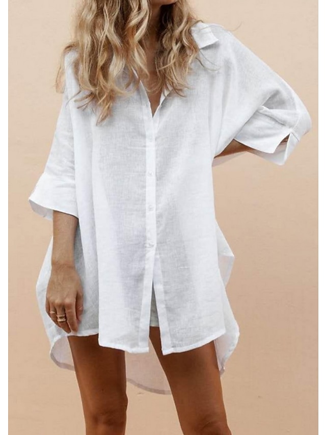  Women's Swimwear Cover Up Beach Top Swim Dress Normal Swimsuit Oversized Solid Color White Shirt Blouse Bathing Suits New Fashion Casual