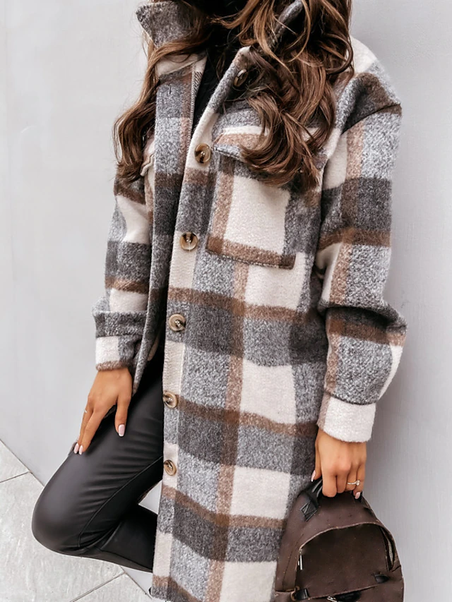 Women's Wool Blend Coat Winter Plaid Shacket Jacket Fall Long Pea Coat ...