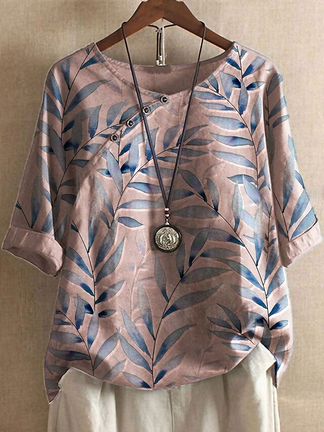 Womens Clothing Plus Size Collection | Womens Plus Size Tops Blouse Shirt Leaf Half Sleeve Round Neck Vacation Causal Daily Cott