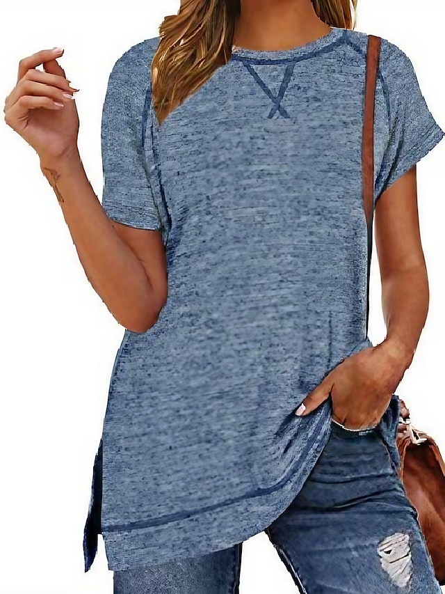 Womens Clothing Womens Tops | Womens T shirt Plain Round Neck Basic Tops Light Blue Green Blue - TP70767