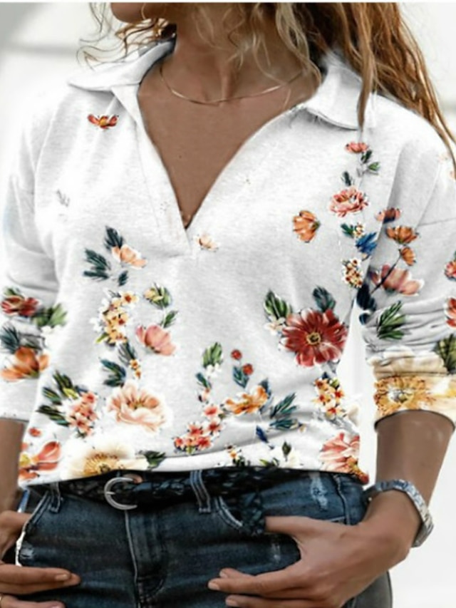 Womens Clothing Plus Size Collection | Womens Plus Size Tops Floral Long Sleeve Shirt Collar Cotton Blend Fall Spring Blue White