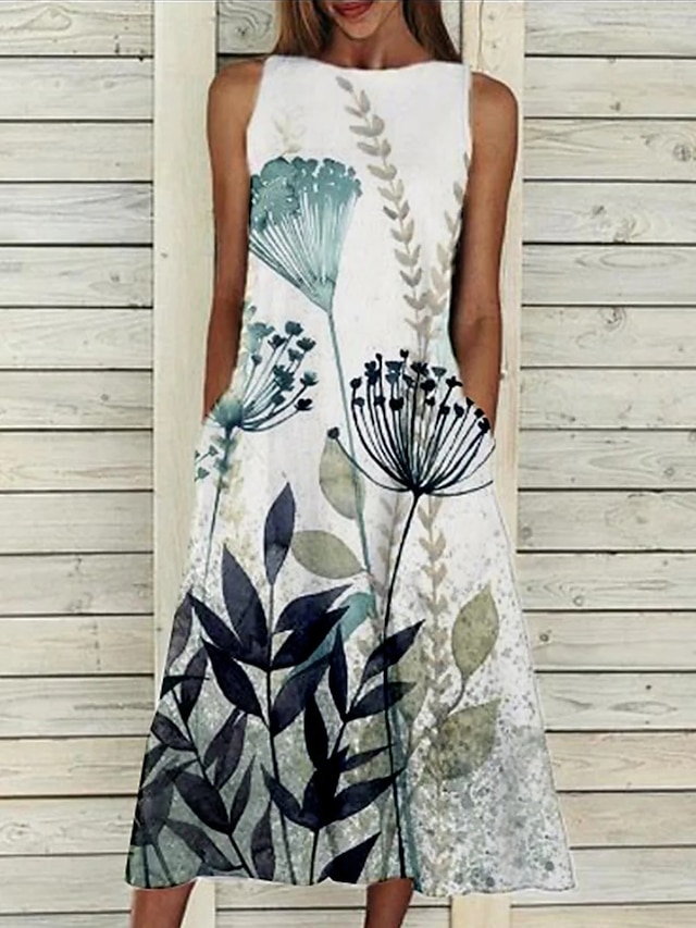 Women's A Line Dress Midi Dress Green Sleeveless Pattern Summer Casual