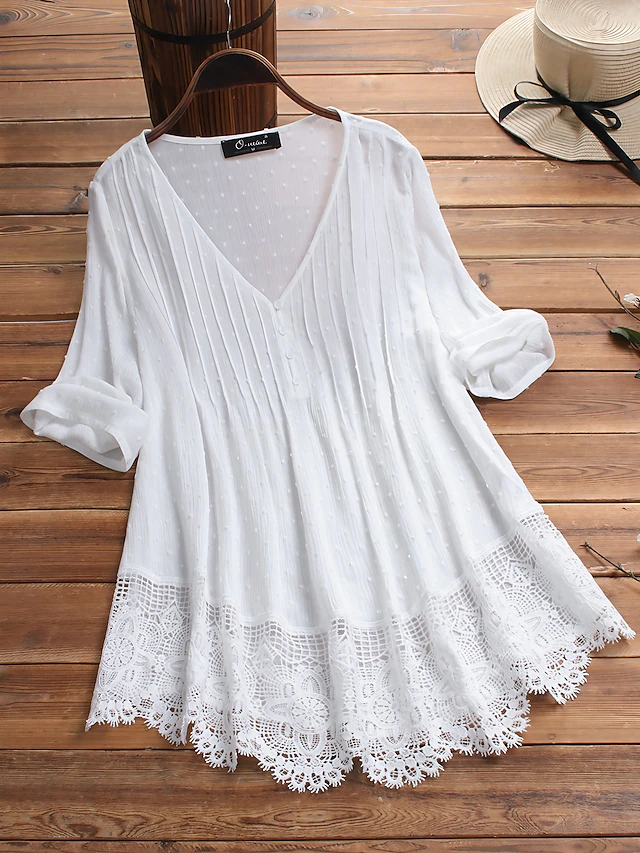 Women's Lace Shirt Blouse Eyelet top White Lace Shirt Tribal Casual 3/4 Length Sleeve V Neck Regular Tops Vacation Daily Beach Lace Flowing tunic Navy Watermelon Red White Green Spring Fall 6