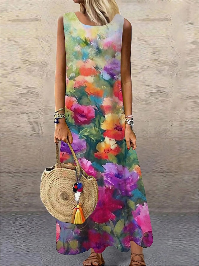  Women's Maxi long Dress Shift Dress Fuchsia Sleeveless Print Floral Print Round Neck Spring Summer Casual 2022 S M L XL XXL 3XL