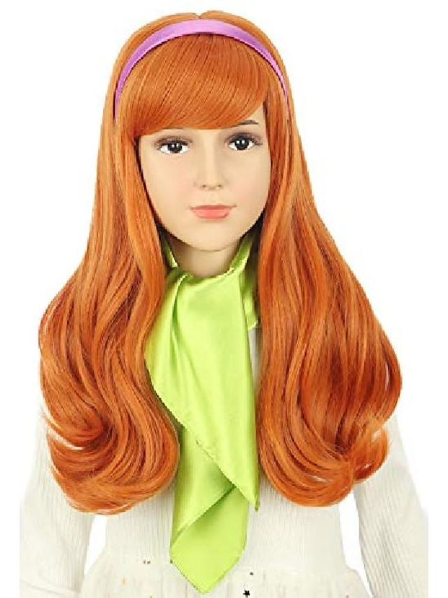  vgbeaty parrucca arancione a onda lunga per bambini con sciarpa di seta verde e fascia viola parrucca cosplay anime parrucche di Halloween
