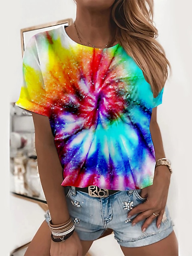  t-shirt femme basique imprimé blocs de couleurs manches courtes hauts réguliers col rond quotidien week-end jaune rouge bleu vert arc-en-ciel