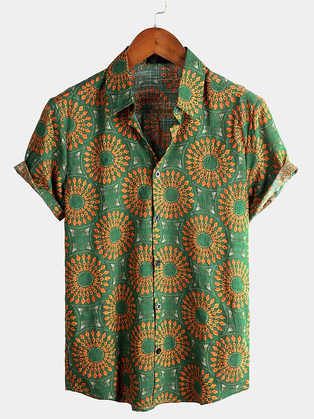 Mens Clothing Mens Shirts | Mens Shirt Tribal Classic Collar Daily Beach Short Sleeve Tops Basic Boho Green - DS30471