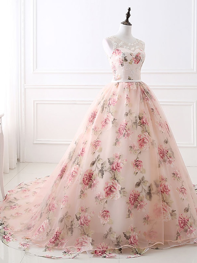  Ball Gown Floral Quinceanera Formal Evening Valentine's Day Dress Illusion Neck Sleeveless Chapel Train Satin with Beading Pattern / Print Appliques 2022