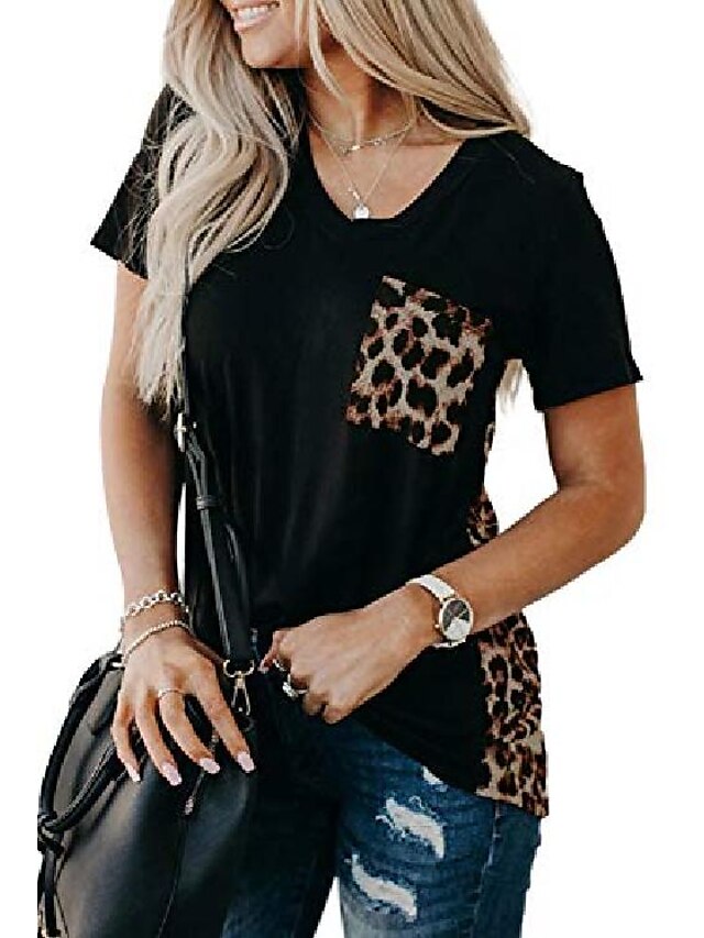 Womens Clothing Womens Tops | womens leopard print short sleeve t shirts plus size crewneck color block casual tops with pocket 