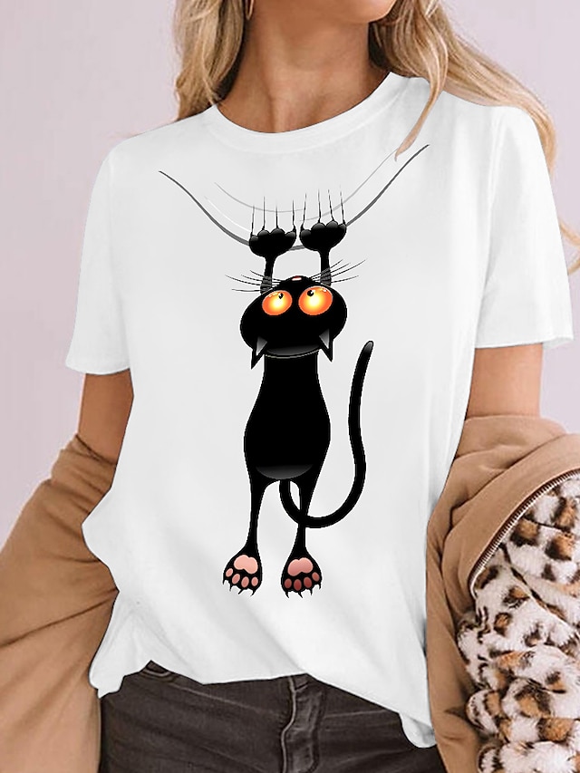 Womens Clothing Womens Tops | Womens Daily Weekend Cat 3D Cat T shirt Tee Cat Animal Short Sleeve Print Round Neck Basic Tops 10