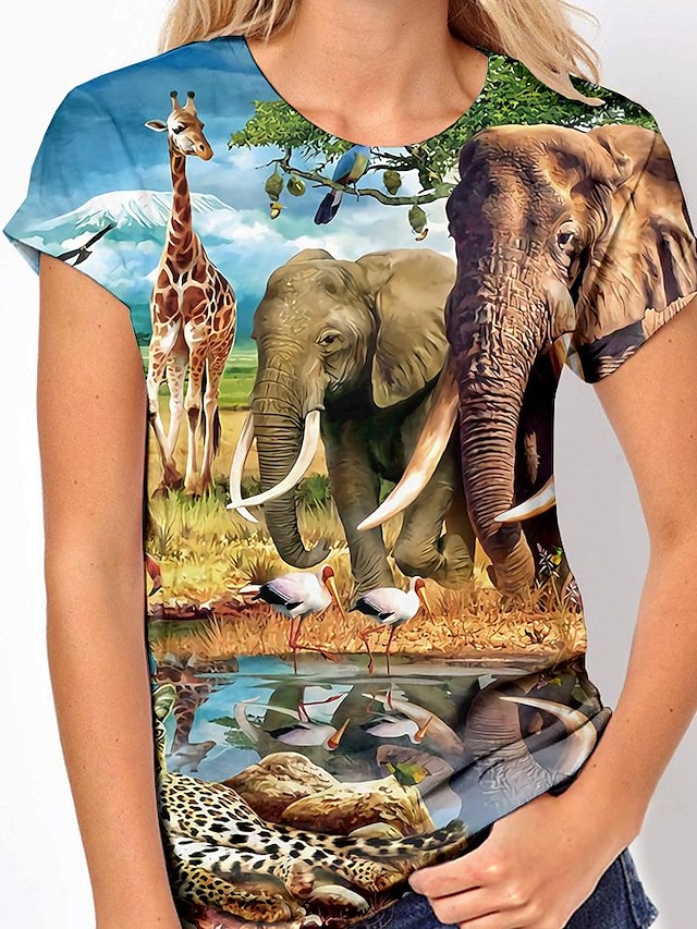  Women's 3D Printed Design T shirt Graphic Scenery Giraffe Print Round Neck Basic Tops Green