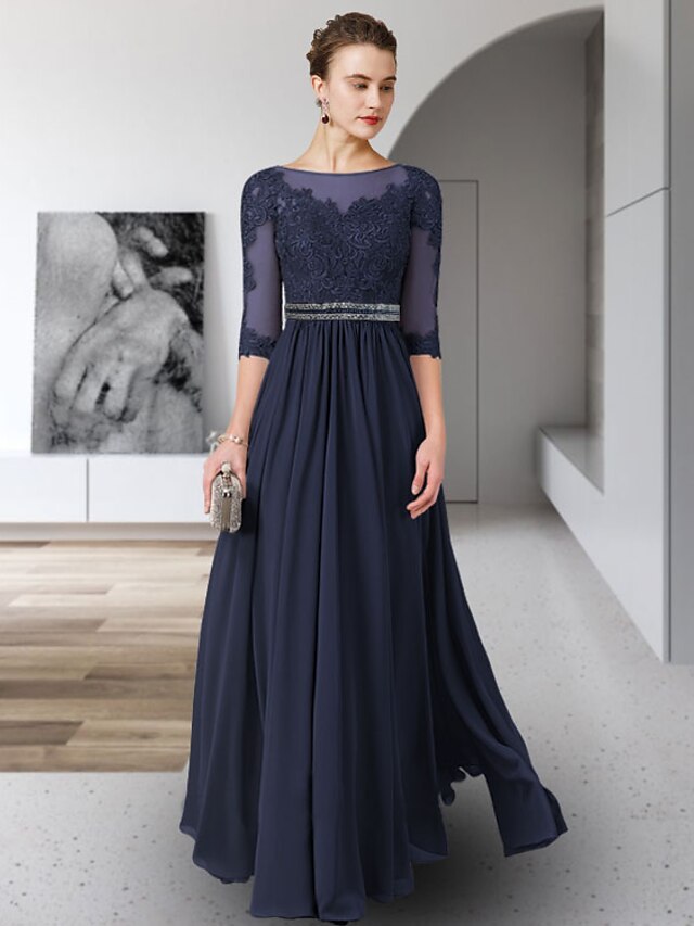 A-Line Mother of the Bride Dress Elegant Jewel Neck Floor Length ...