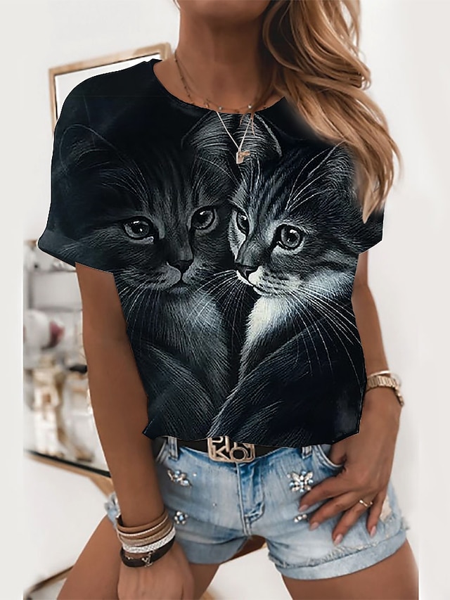  Damen T Shirt Schwarz Bedruckt Tier Katze Täglich Wochenende Kurzarm Rundhalsausschnitt Basic Standard Katze 3D Cat S