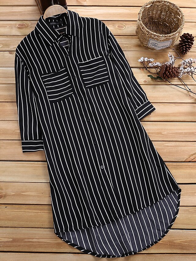 Womens Clothing Plus Size Collection | Womens Plus Size Tops Blouse Shirt Stripes Button 3/4 Length Sleeve Shirt Collar Causal D