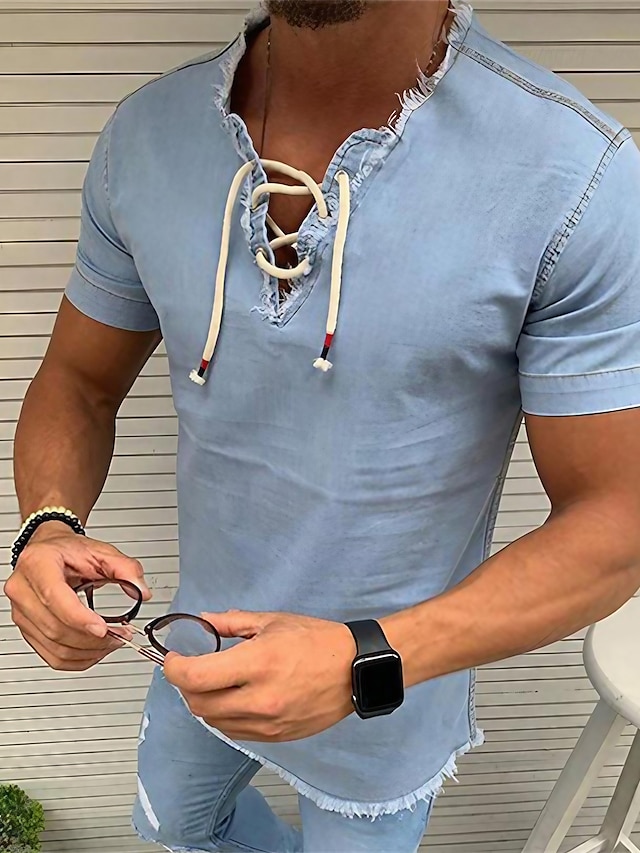  Homme Chemise Chemisette Chemise d'été Chemise en jean Chemise chambray Marine foncé bleu marine Bleu clair Manche Courte Imprimés Photos Col Mao Casual du quotidien Cordon Vêtement Tenue Mode