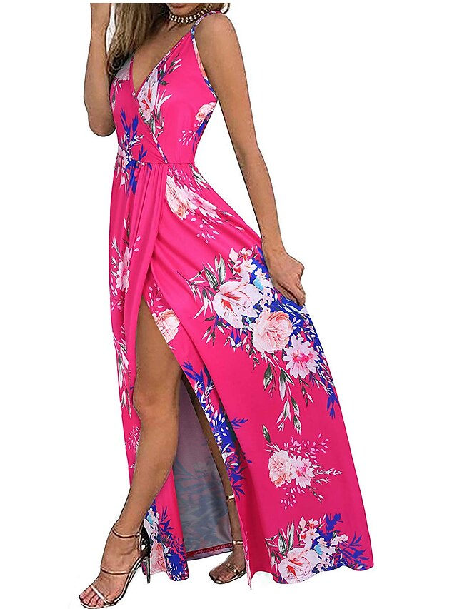 Womens Clothing Womens Dresses | Womens Strap Dress Maxi long Dress Blue Fuchsia Royal Blue Red Light Blue Sleeveless Floral Pri