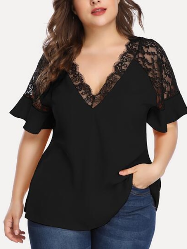 Womens Clothing Plus Size Collection | Womens Plus Size Tops Blouse Shirt Plain Patchwork Lace Trims Short Sleeve V Neck Casual 