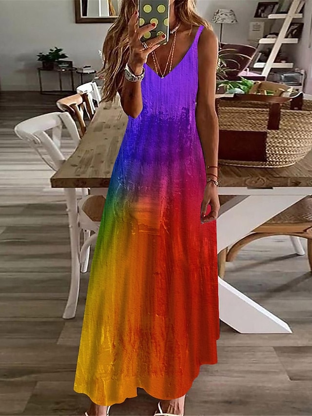 Robe longue femme robe maxi arcenciel sans manches imprimé arcen