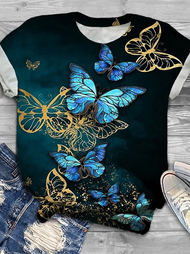 Womens Clothing Plus Size Collection | Womens Plus Size Tops T shirt Graphic Butterfly Print Short Sleeve Crewneck Basic Daily C