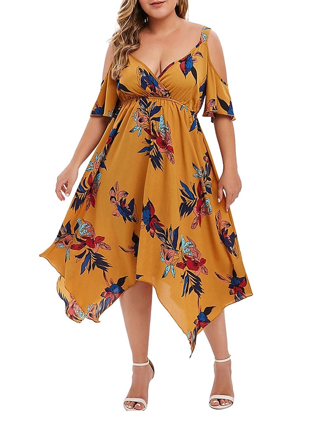 Womens Clothing Plus Size Collection | Womens Plus Size Swing Dress Floral V Neck Half Sleeve Spring Summer Fashion Maxi long Dr