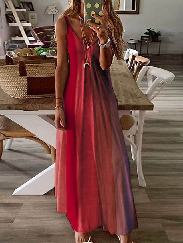 Womens Clothing Womens Dresses | Womens Strap Dress Maxi long Dress Orange Red Yellow Sleeveless Color Gradient Summer V Neck Se