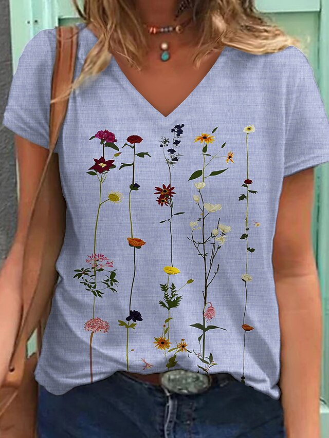 Womens Clothing Womens Tops | Womens Floral Graphic Patterned Daily Weekend Floral Painting T shirt Tee Short Sleeve Print V Nec