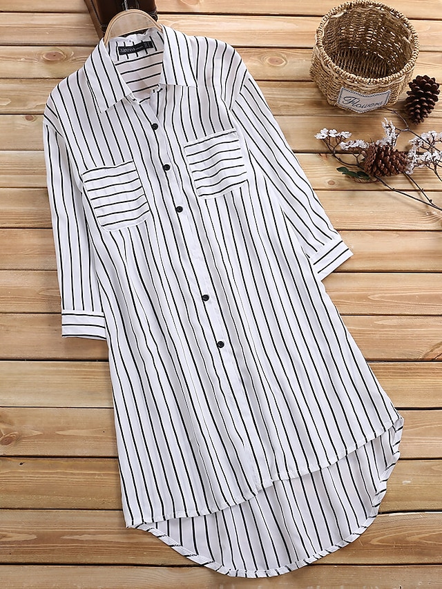 Womens Clothing Plus Size Collection | Womens Plus Size Tops Blouse Shirt Stripes Button 3/4 Length Sleeve Shirt Collar Causal D